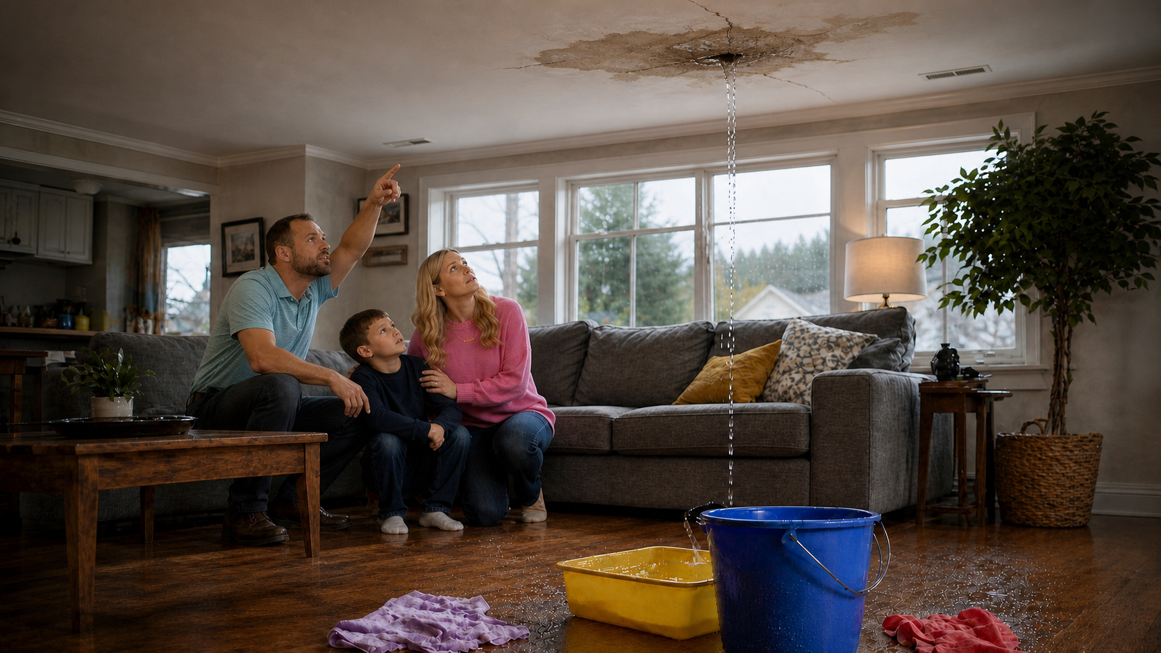 Concept image of the same worried homeowner family looking and pointing up at a visible ceiling leak above their living room