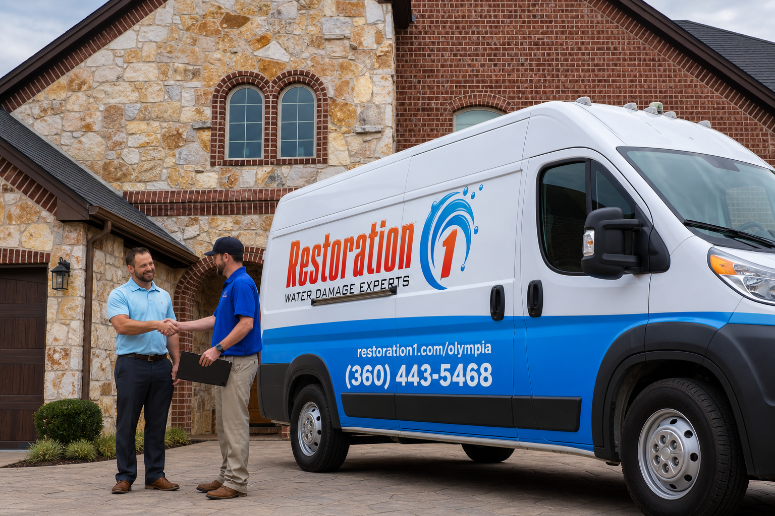 Concept image of a Restoration 1 technician greeting a homeowner beside a service van displaying the Olympia phone number